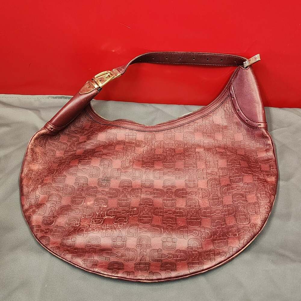 Gucci Horsebit Embossed Burgundy Leather Hobo Gold Buckle Vintage Handbag